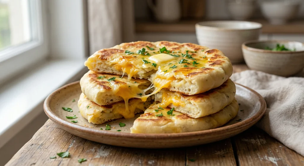 homemade potato and cheese flatbread on a serving plate