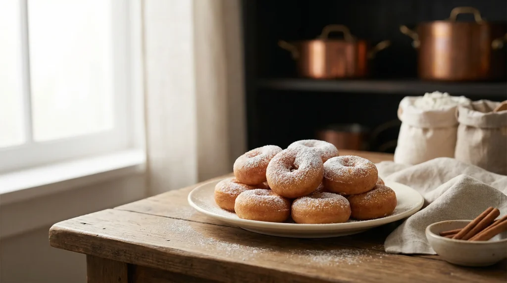 Close-up-of-homemade-sugar-coated-fried-donuts