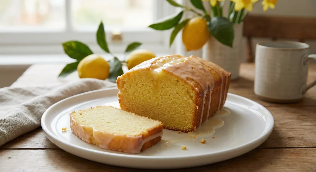 Slices of whole lemon cake with moist golden crumb served on a white plate