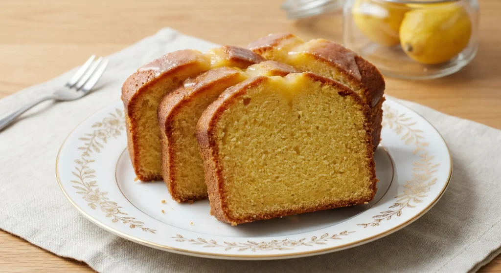 Homemade whole lemon cake slices on a white plate