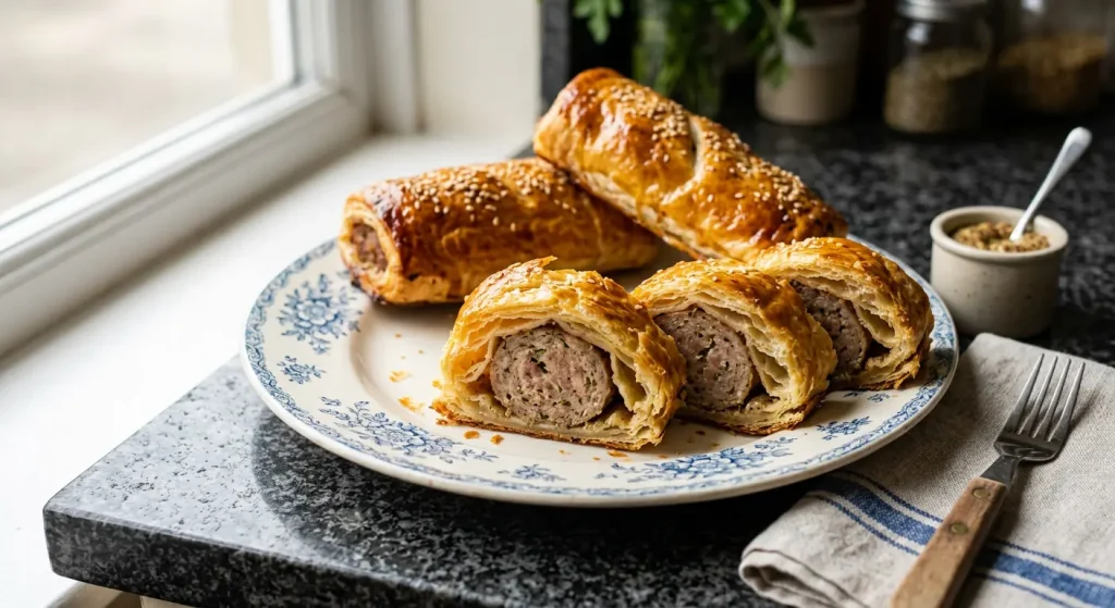 Bite-sized sausage rolls with sesame seeds on a wooden cutting board