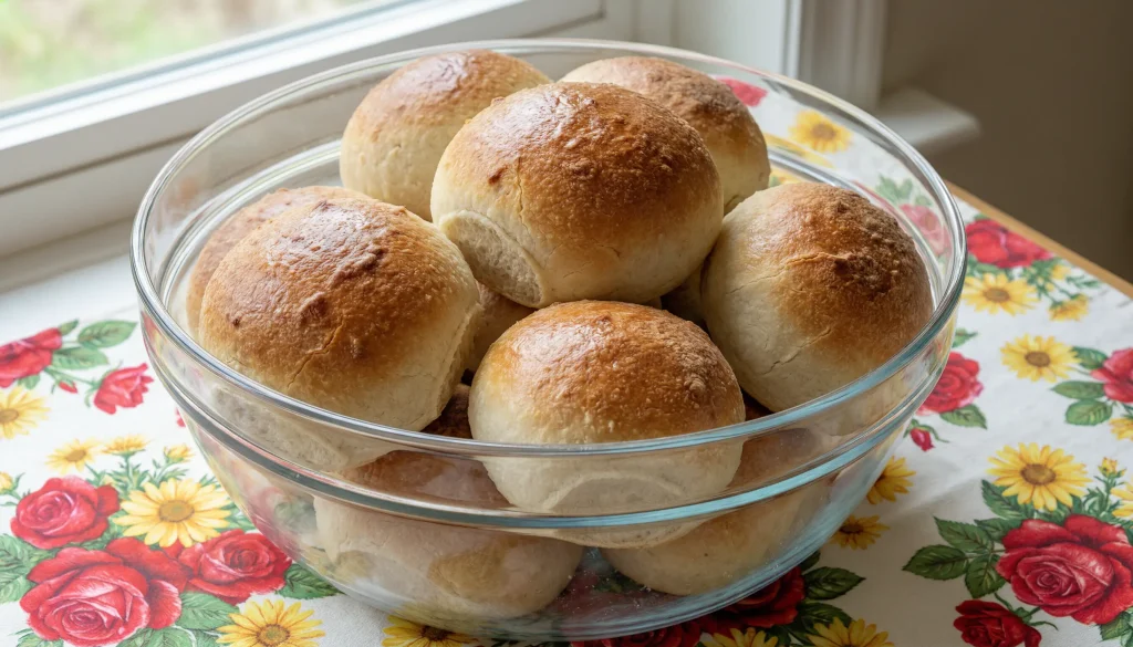 Homemade crispy bread rolls with golden tops served in a clear glass bowl
