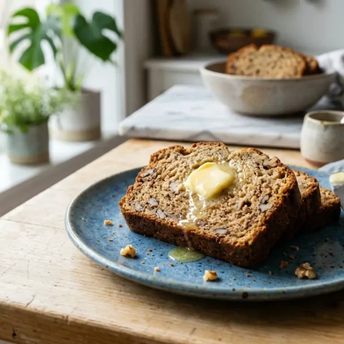 Old‑fashioned malt loaf glazed with malt extract in a loaf tin on a cooling rack