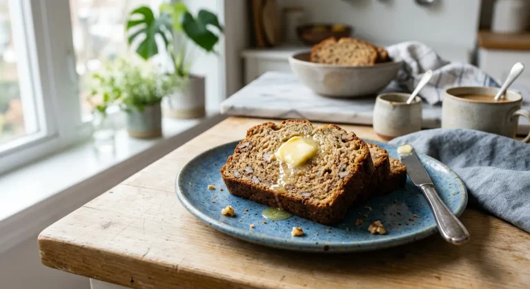 Old‑fashioned malt loaf glazed with malt extract in a loaf tin on a cooling rack