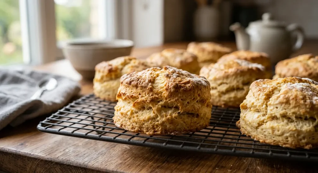Buttermilk scones recipe served with jam and cream on a white plate