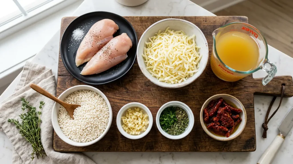 Adding long-grain white rice and chicken broth to the skillet with cooked chicken and sun-dried tomatoes