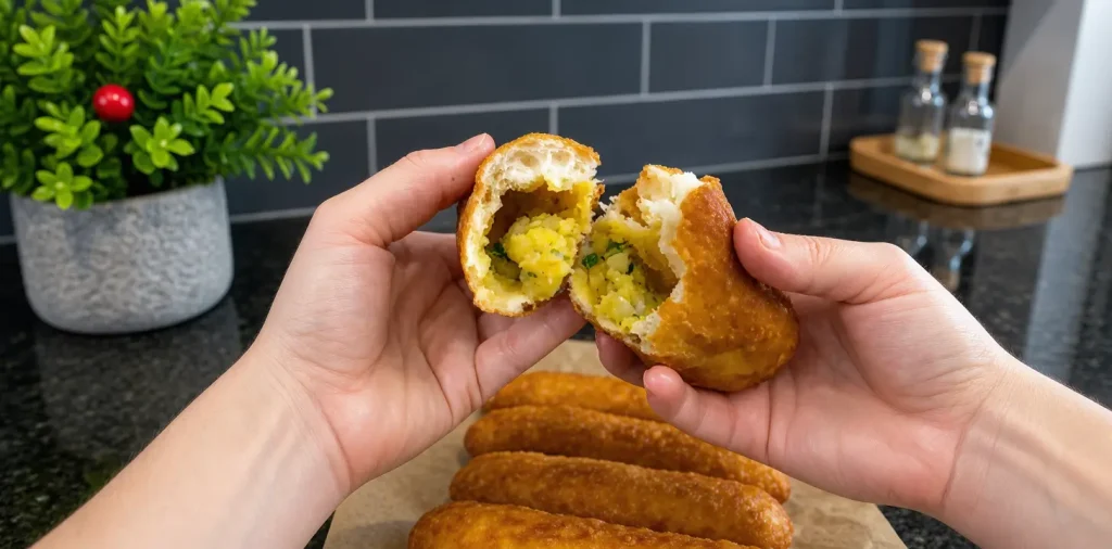 Crispy potato stuffed fried dough served warm with golden brown crust