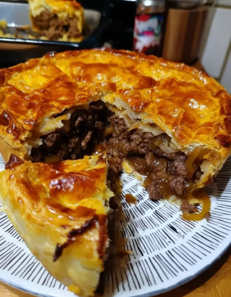 Rustic Puff Pastry Beef Pie with Rich Onion Gravy Filling