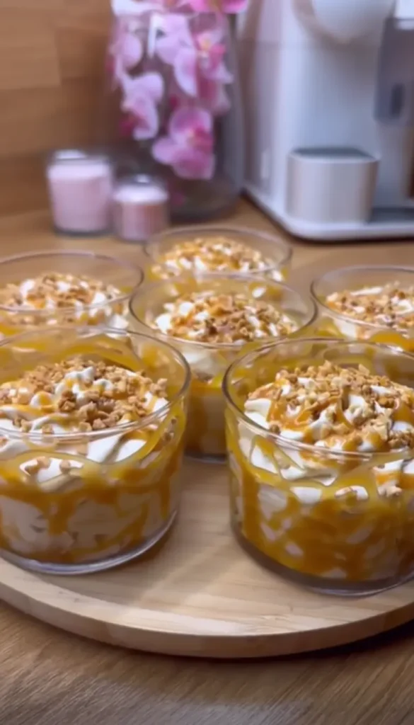 Overhead view of homemade ice cream flan topped with caramel and nuts