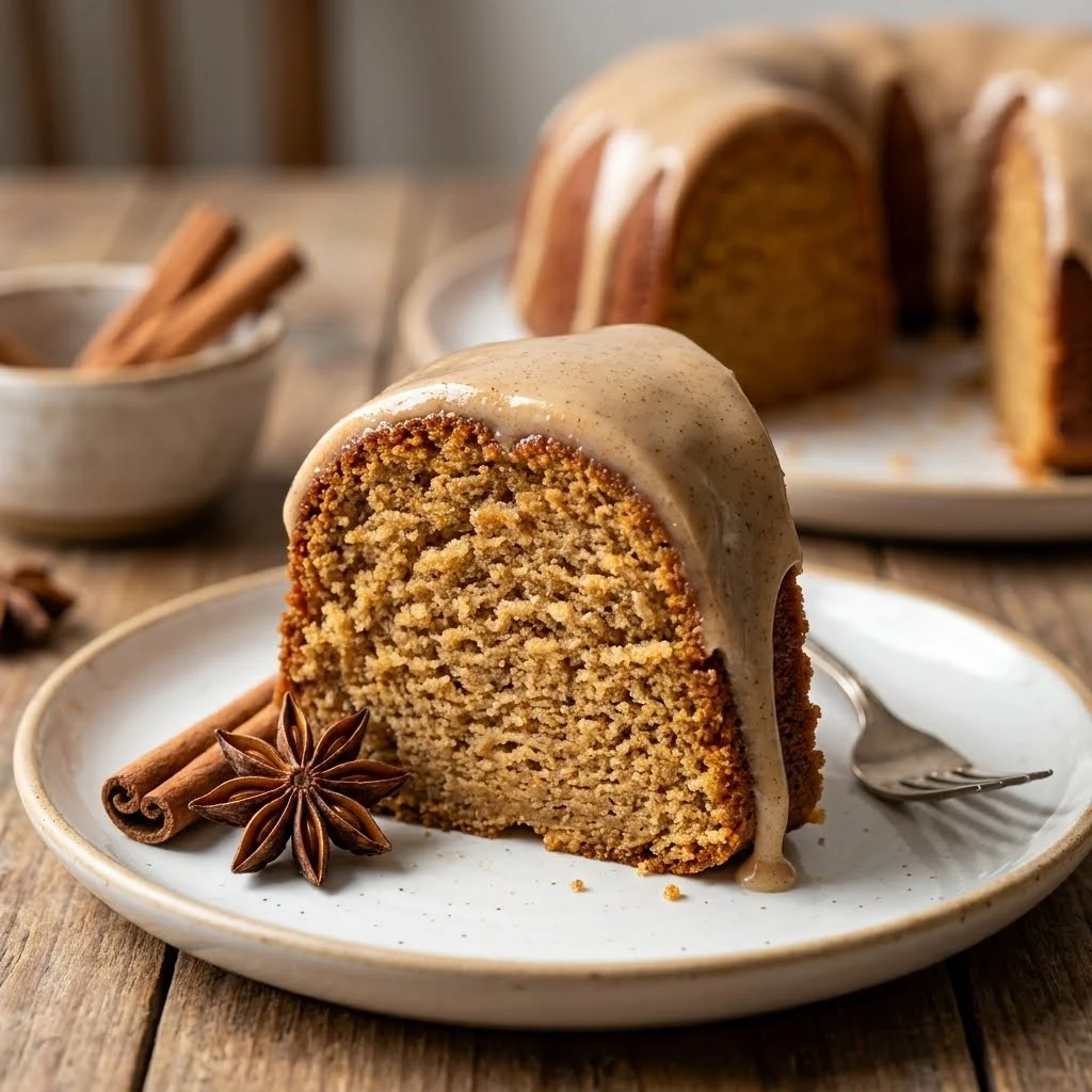 Flourless chai spice cake slice with almond flour and glossy chai glaze on a rustic plate
