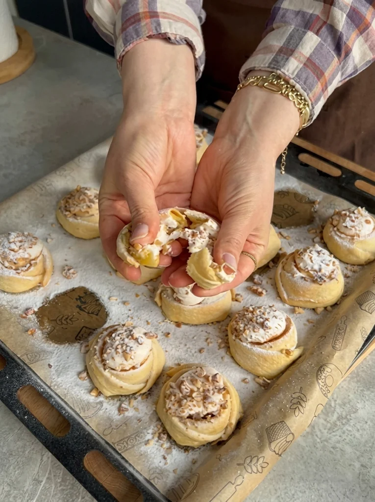Close-up of Pink Cookies showing walnut meringue filling
