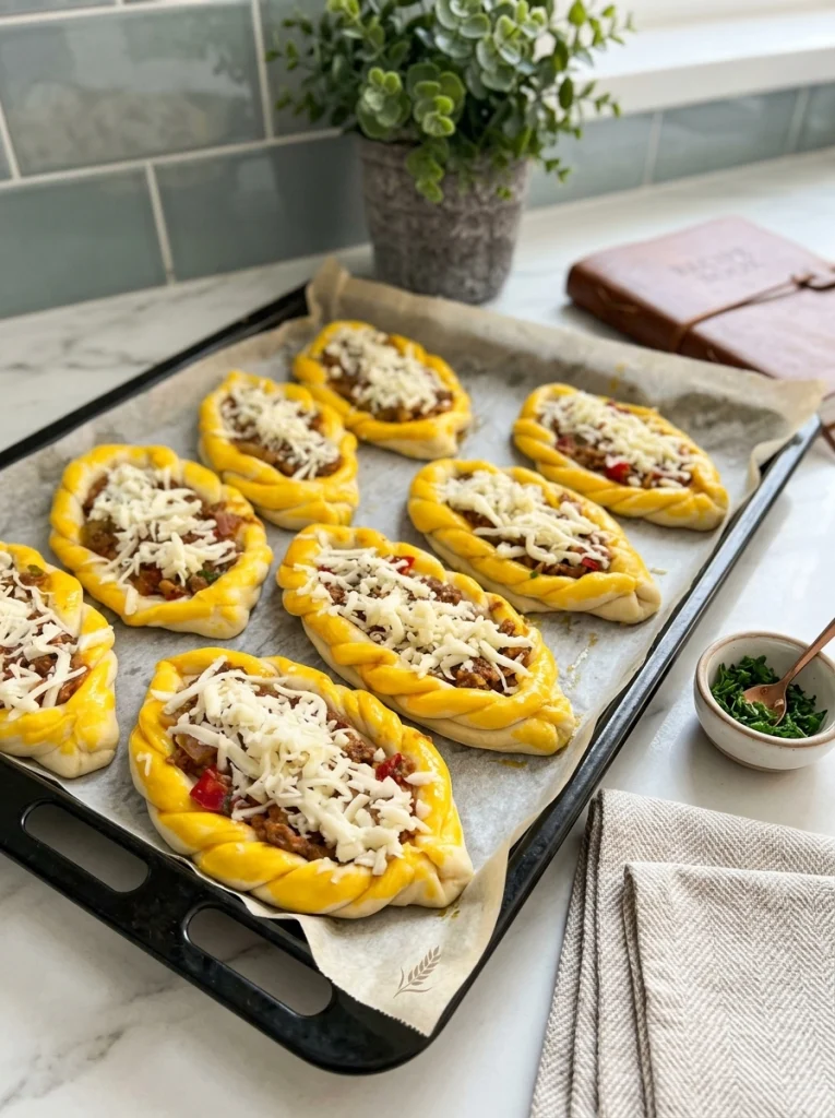 Oval-shaped pide dough topped with seasoned minced meat filling and kashar cheese.