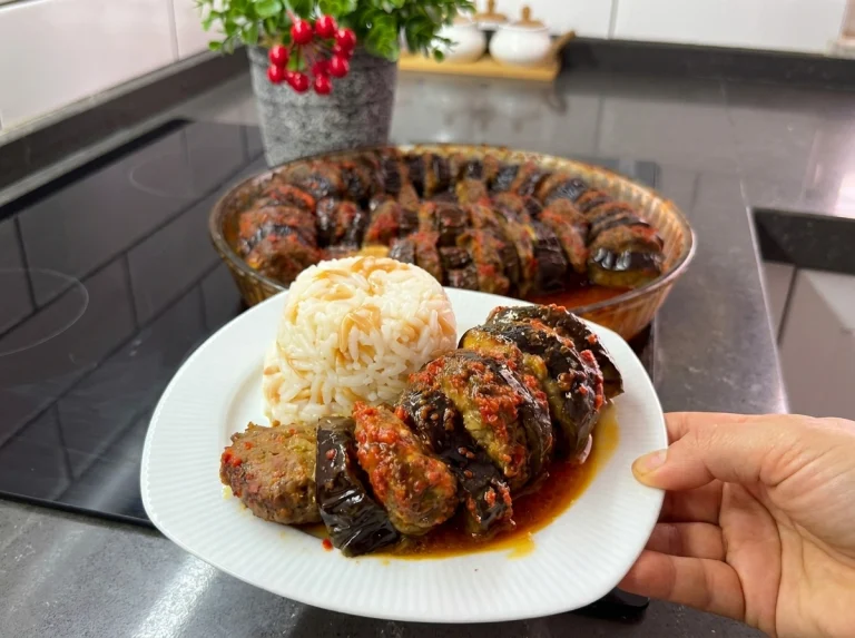 Baked Eggplant Kebab Recipe with Meatballs and Tomato Sauce