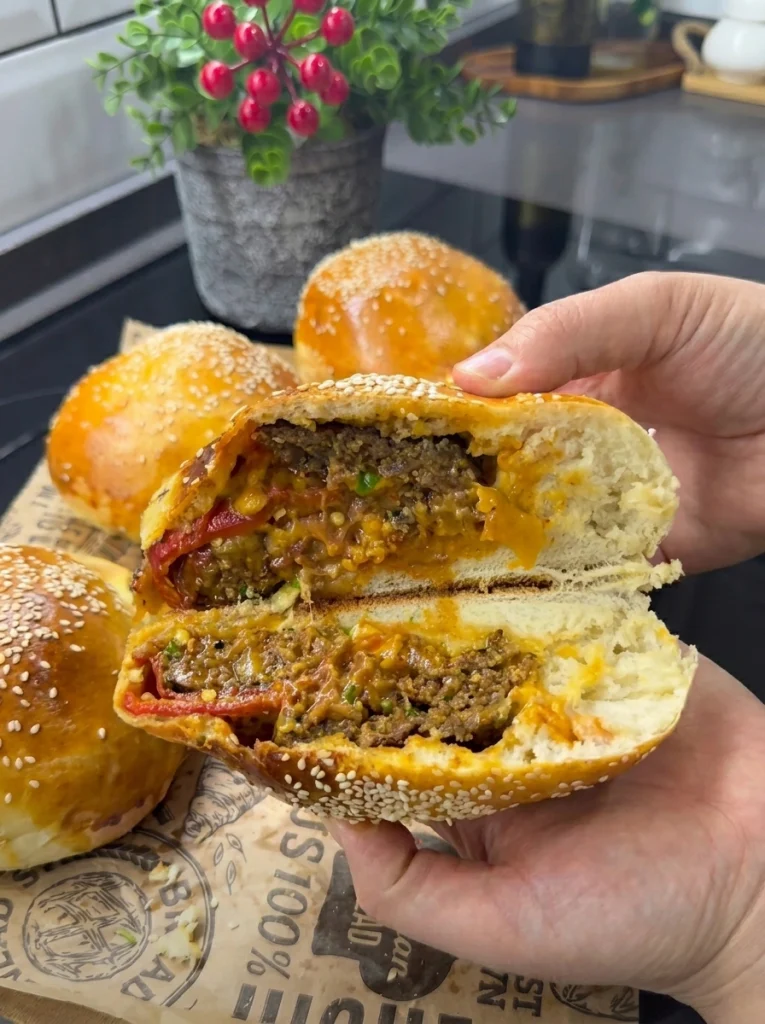 Best homemade stuffed cheeseburger buns recipe with beef and melted cheese