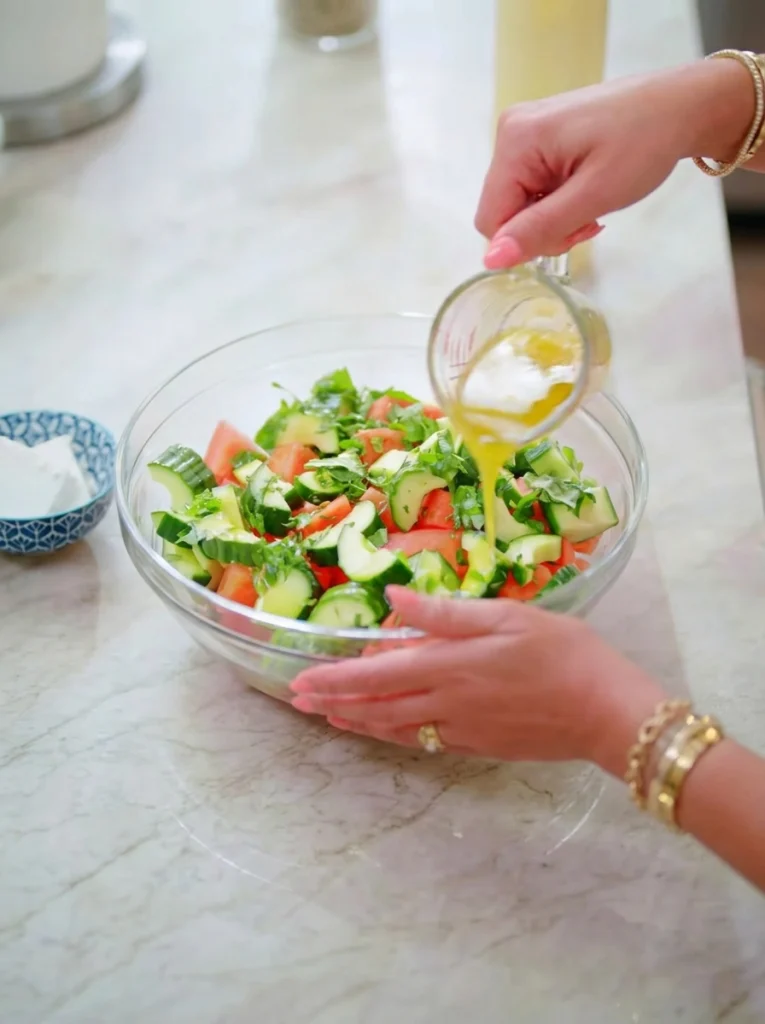 Best watermelon salad recipe with feta, cucumber, and honey lime dressing