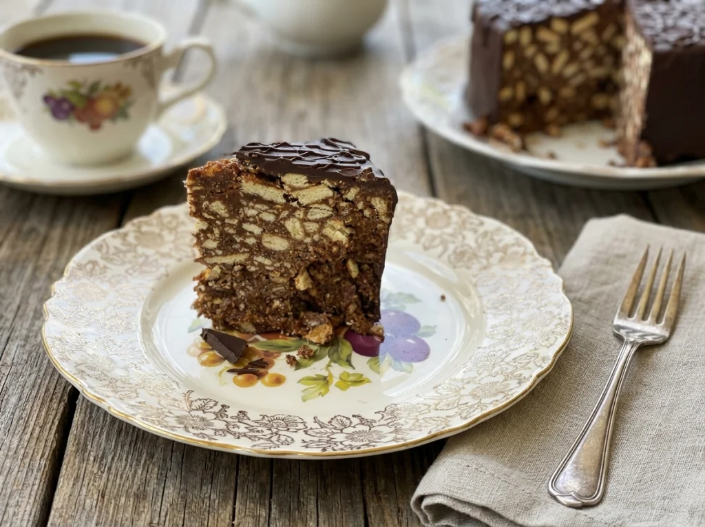 British Chocolate Biscuit Cake topped with rich dark chocolate glaze