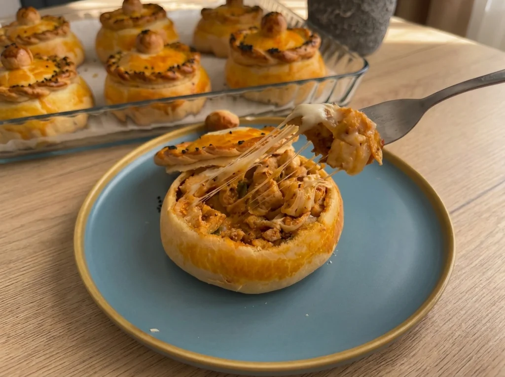 Slice of chicken mushroom stew bread showing creamy cheesy interior