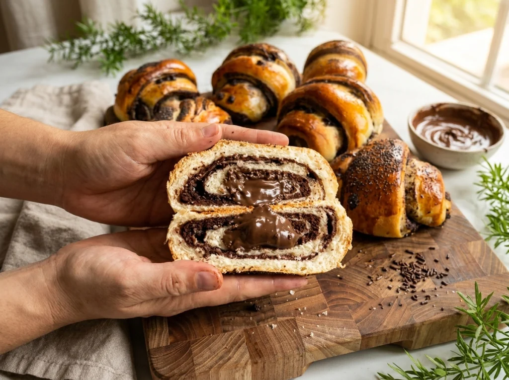 Chocolate croissant rolls with marbled cocoa dough on a baking tray