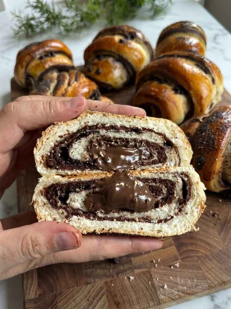 Chocolate croissant rolls served on a plate with coffee