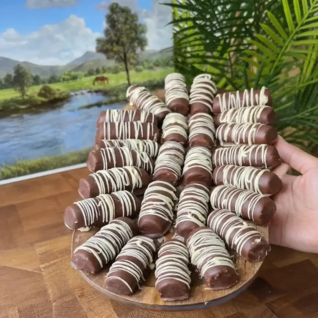 Homemade chocolate fingers coated in milk chocolate with white drizzle