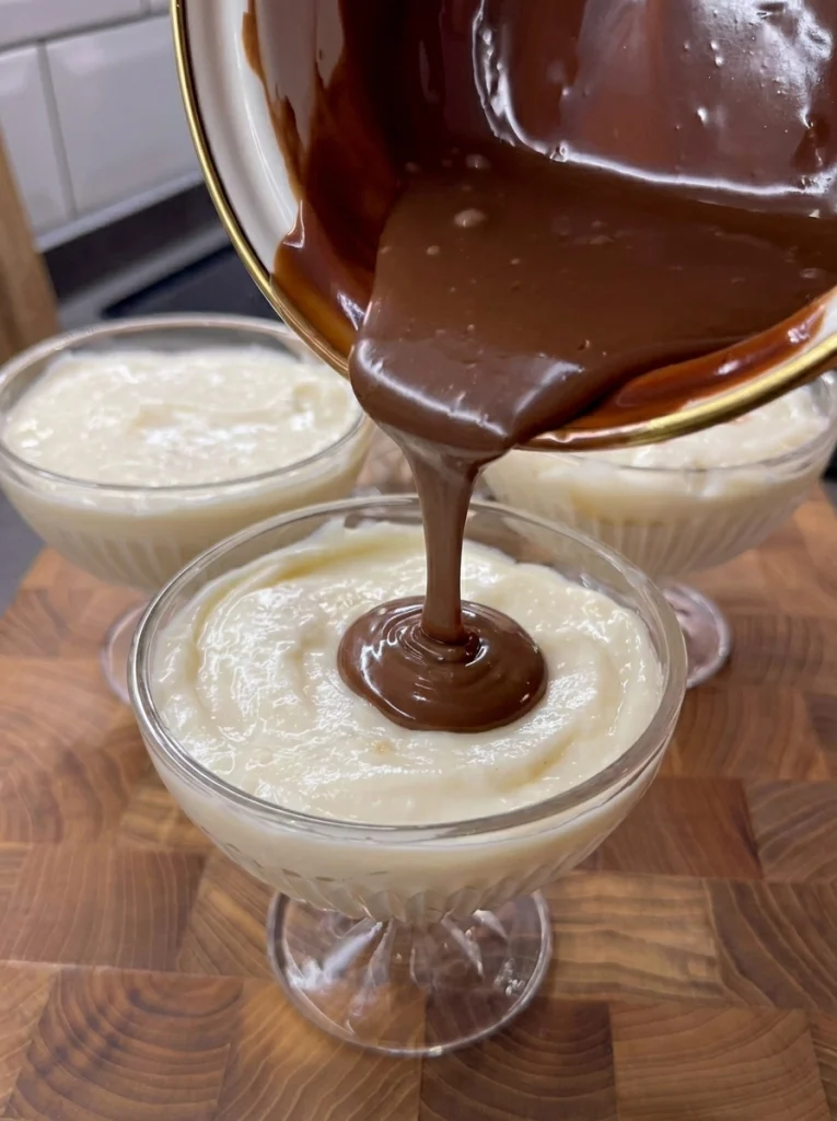 Smooth chocolate ganache being poured over biscuit dessert