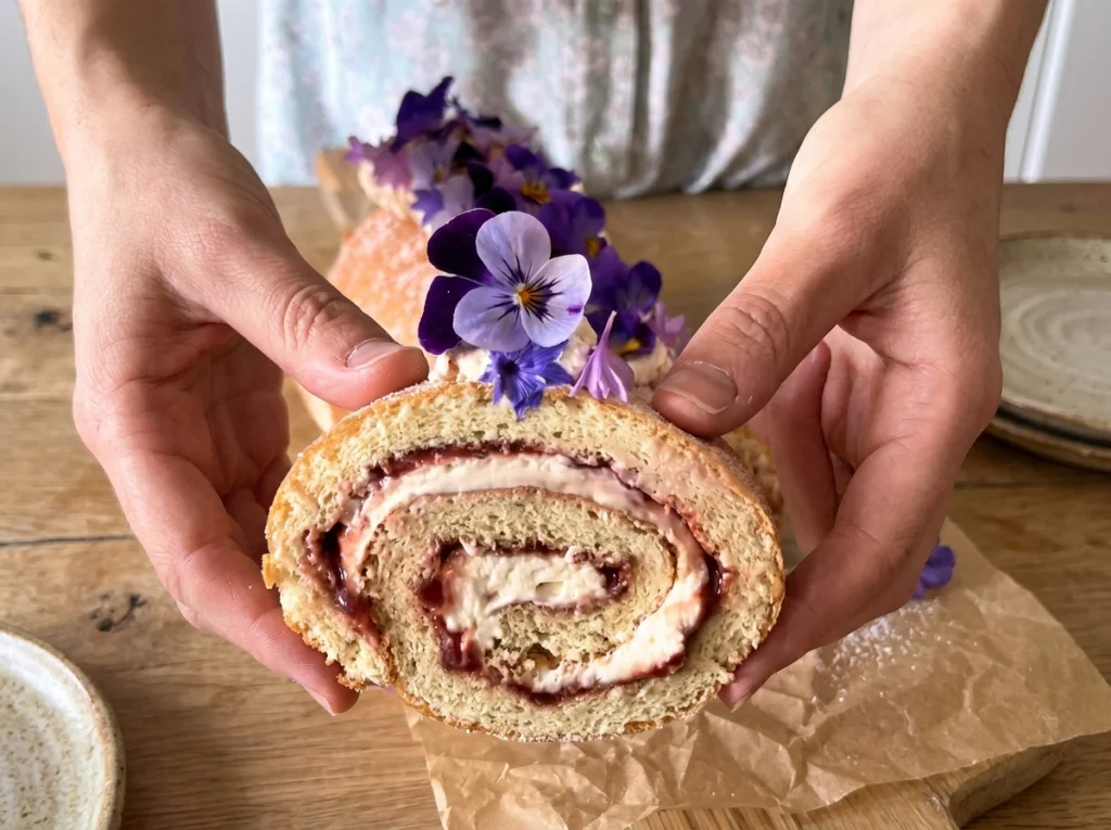 Classic Swiss roll recipe filled with whipped cream and fruit jam