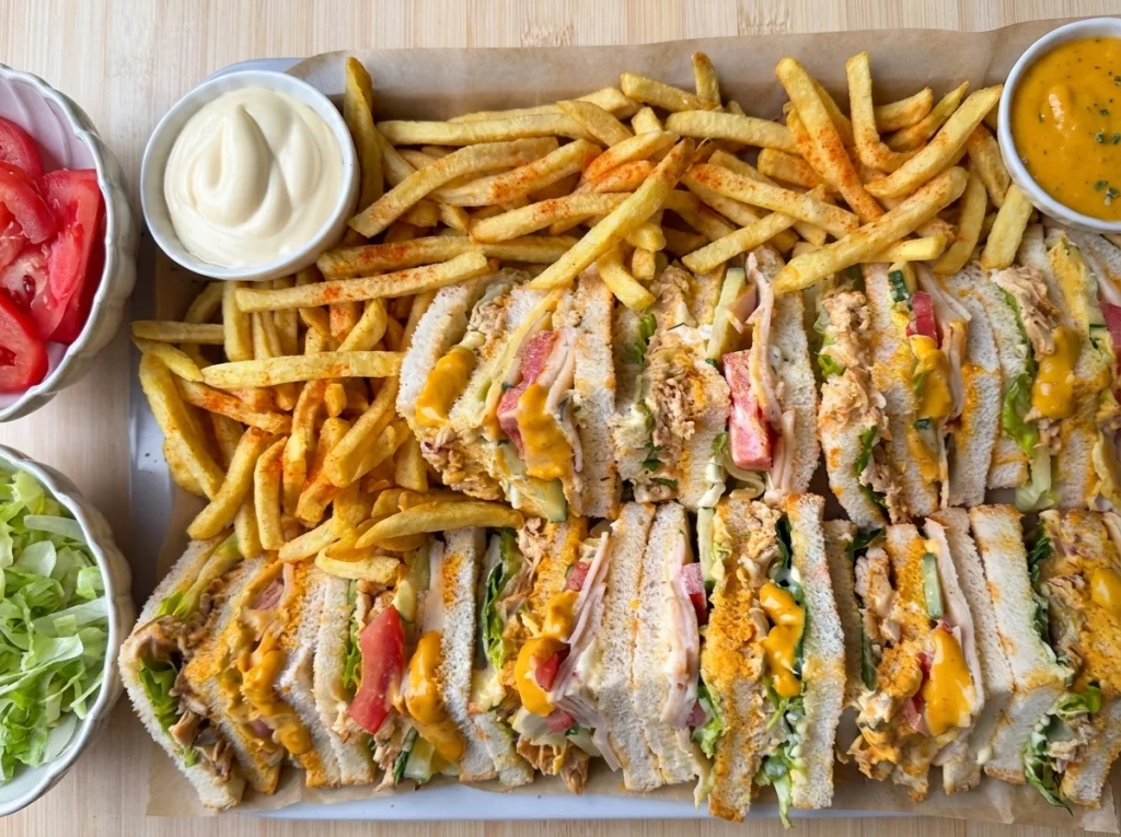 Club chicken sandwich stacked with lettuce, tomato, cheese, cucumber, and shredded chicken on toasted bread.