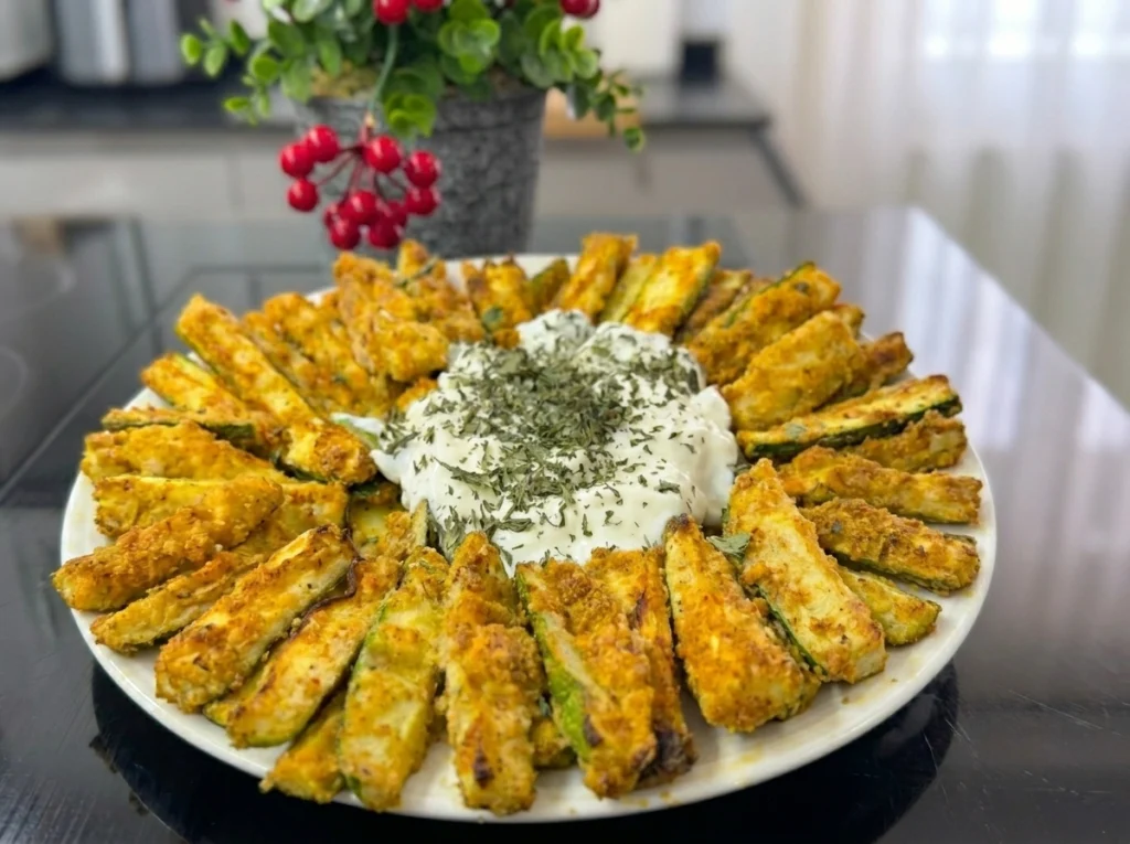 Crispy baked zucchini slices served with creamy garlic yogurt sauce on a plate