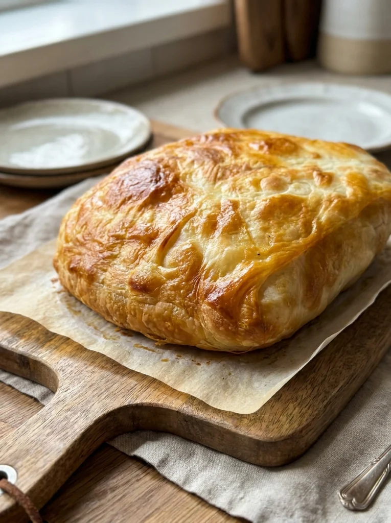 Crispy golden katmer pie sliced open showing layered flaky dough with minced meat and melted cheese