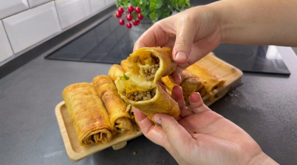 Crispy savory stuffed pancakes filled with seasoned minced meat served on a plate