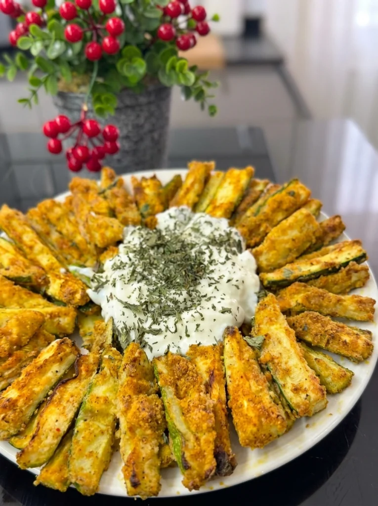 Crispy baked zucchini served with yogurt garlic sauce drizzled on top