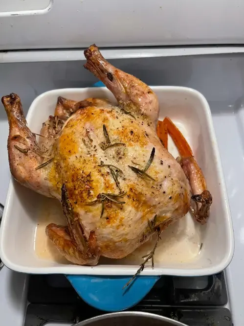 Easy roasted chicken recipe with golden crispy skin and juicy meat