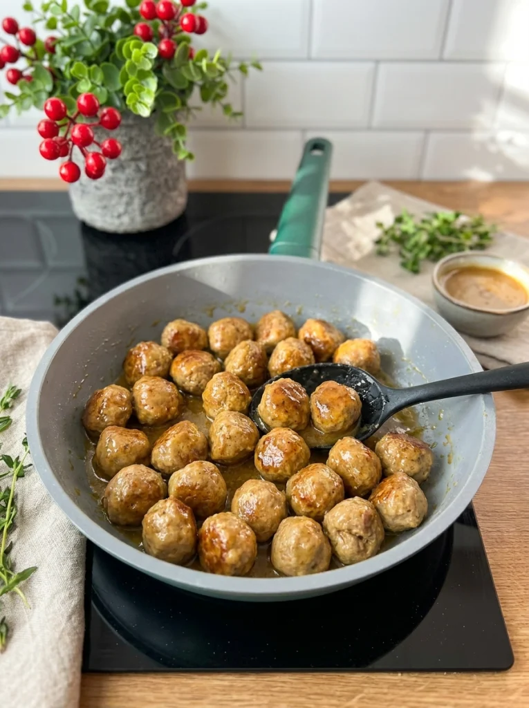 Beef meatballs frying golden brown in a pan