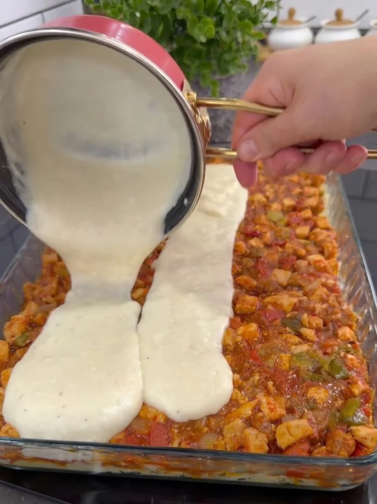 Homemade béchamel sauce prepared for chicken potato casserole
