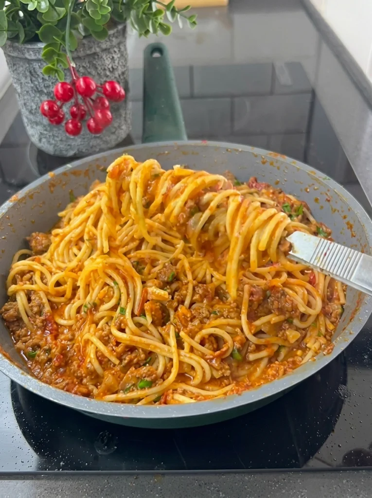 Homemade spaghetti pasta casserole served as a comforting family dinner