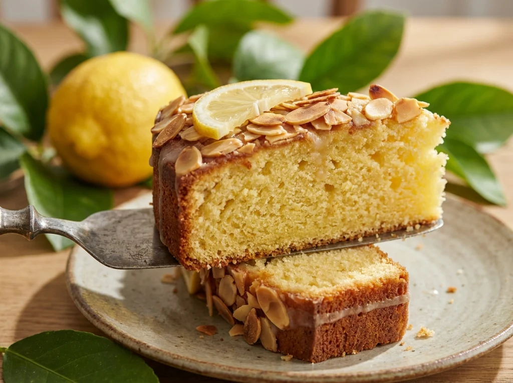 Easy lemon coconut almond cake with flaked almonds on top, moist and gluten-free