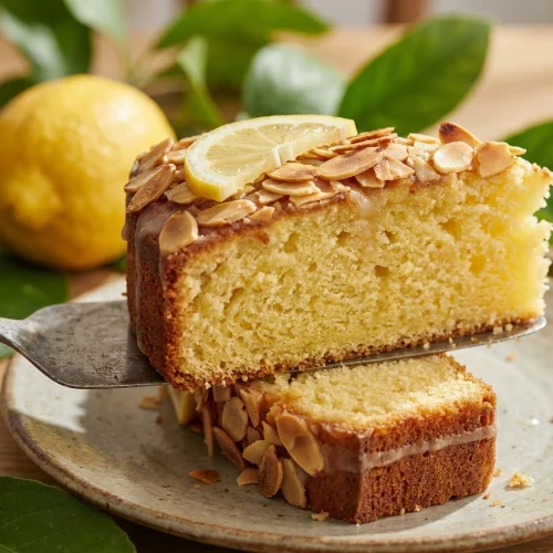 Easy lemon coconut almond cake with flaked almonds on top, moist and gluten-free
