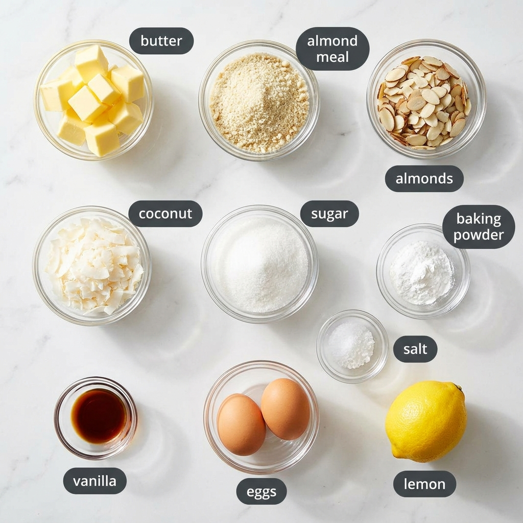 Ingredients for lemon coconut almond cake including almond meal, lemon zest and desiccated coconut