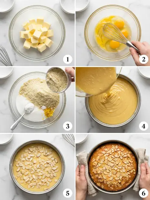 Mixing eggs, butter and sugar for lemon coconut almond cake batter