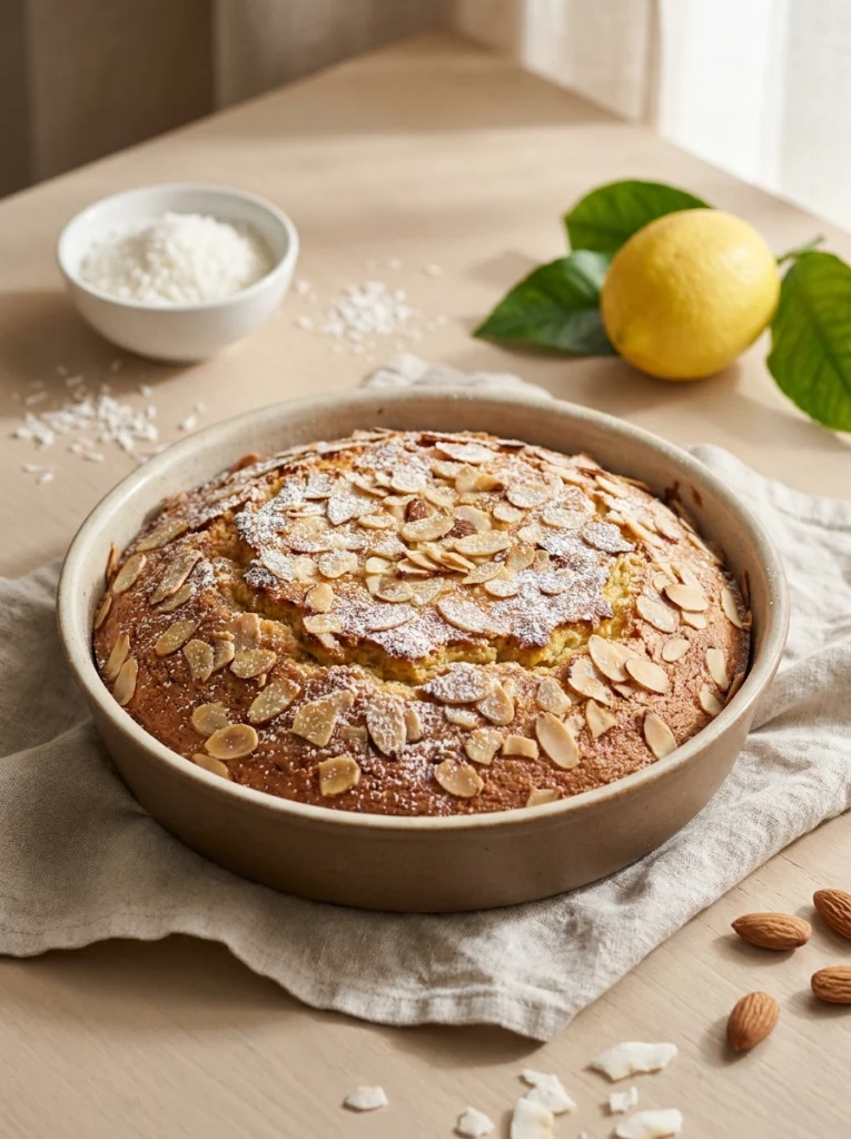 Slice of lemon coconut almond cake served with fresh lemon and toasted coconut