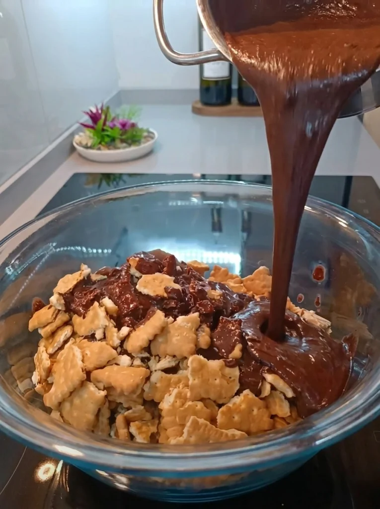 Crushed tea biscuits mixed with chocolate mixture for no-bake biscuit cake