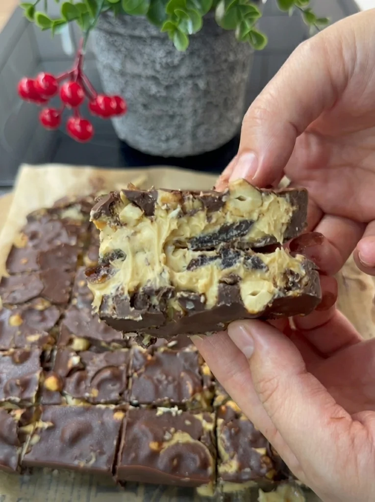Close-up of homemade chocolate peanut butter date bars served as a healthy dessert snack