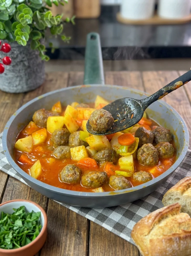 One pot meatball and vegetable stew simmering on the stove