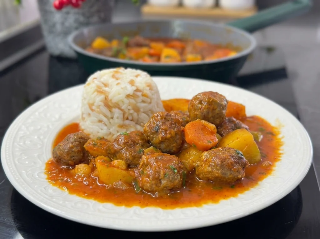 Plated one pot veggie meatball supper with bread on the side