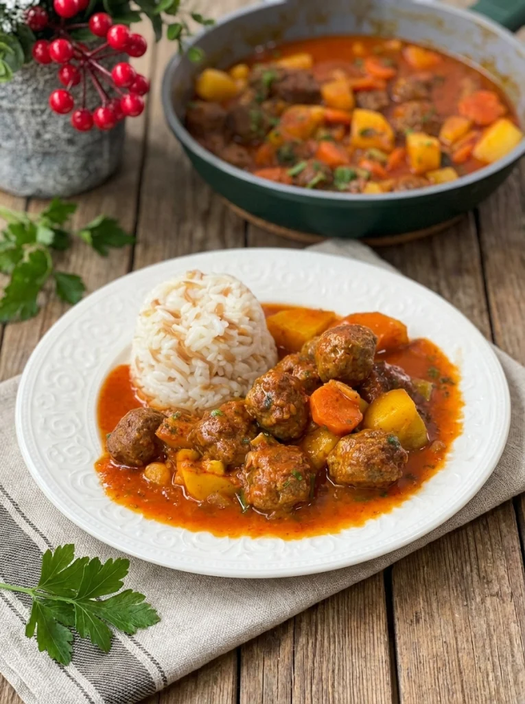 Plated one pot veggie meatball supper with bread on the side