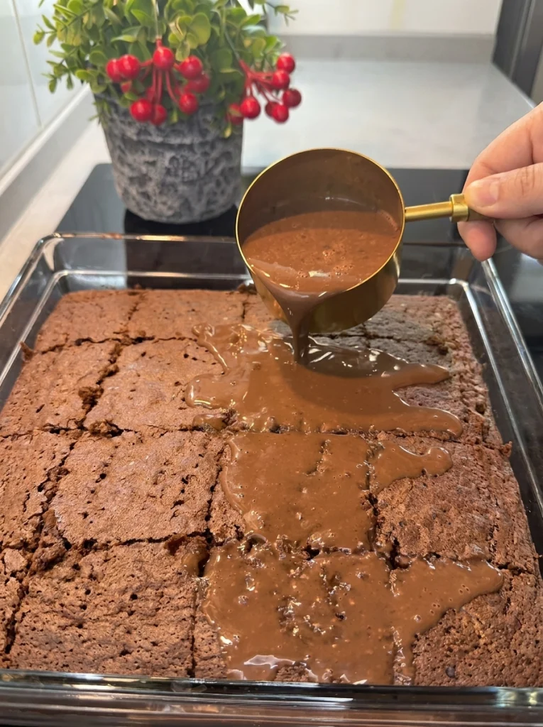 Sliced moist chocolate cake soaked in chocolate sauce, ready to serve