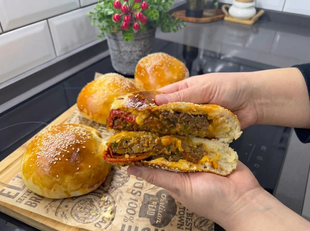 Golden stuffed cheeseburger buns filled with beef, cheese, roasted peppers, and caramelized onions