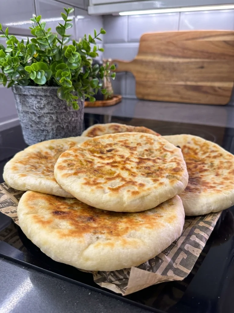 Close-up of golden stuffed pita with minced meat served on a plate