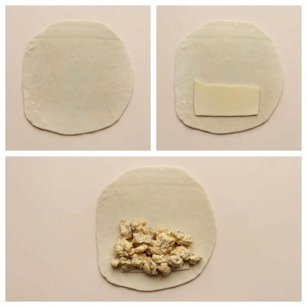 Stuffing flatbread dough with chicken Caesar filling and cheese