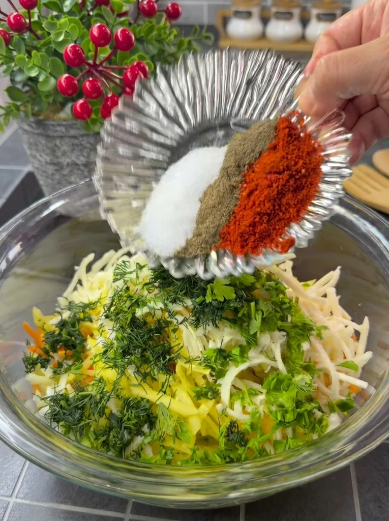 Vegetable lavash batter mixed with eggs, herbs, and cheddar cheese